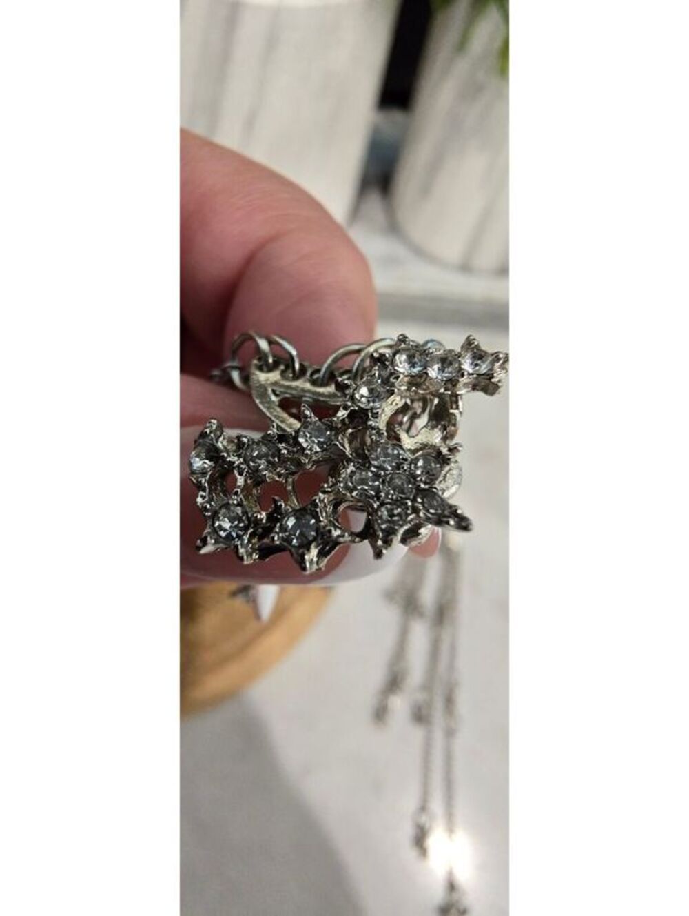 Silver Tone Stars Dangle Chain Earrings with Clear Rhinestones
